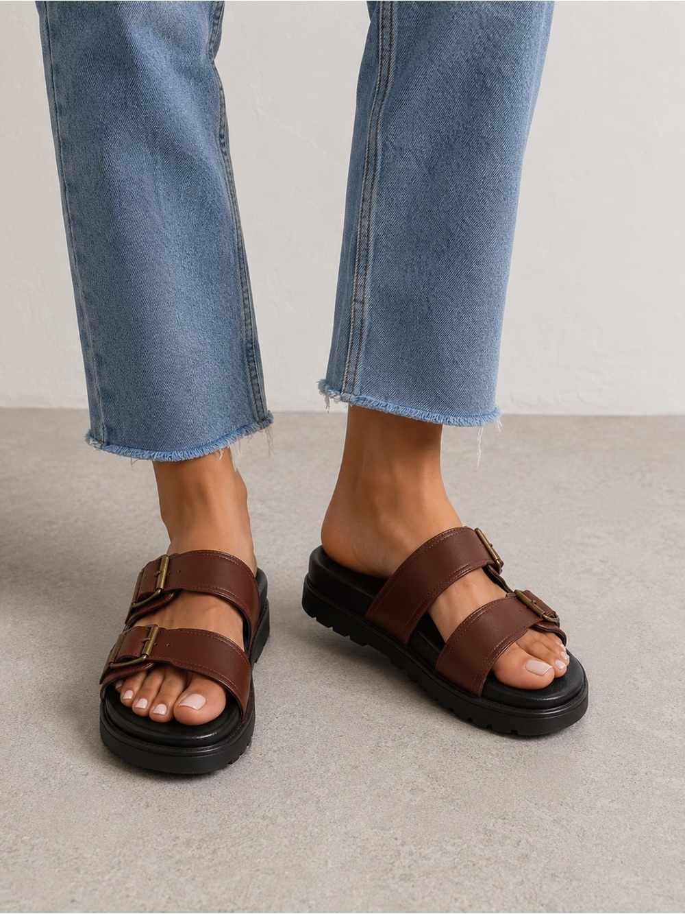 Princess Polly Brown Double-Buckle Slide Sandals with Black Chunky Sole